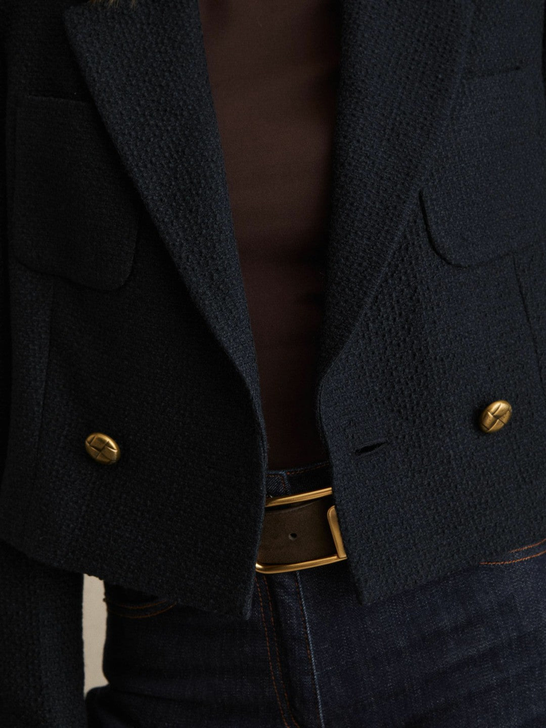 Reiss Affordable - Double-Breasted Textured Cropped Blazer with Wool and Cotton in Navy