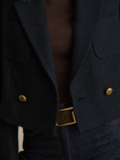 Reiss Affordable - Double-Breasted Textured Cropped Blazer with Wool and Cotton in Navy
