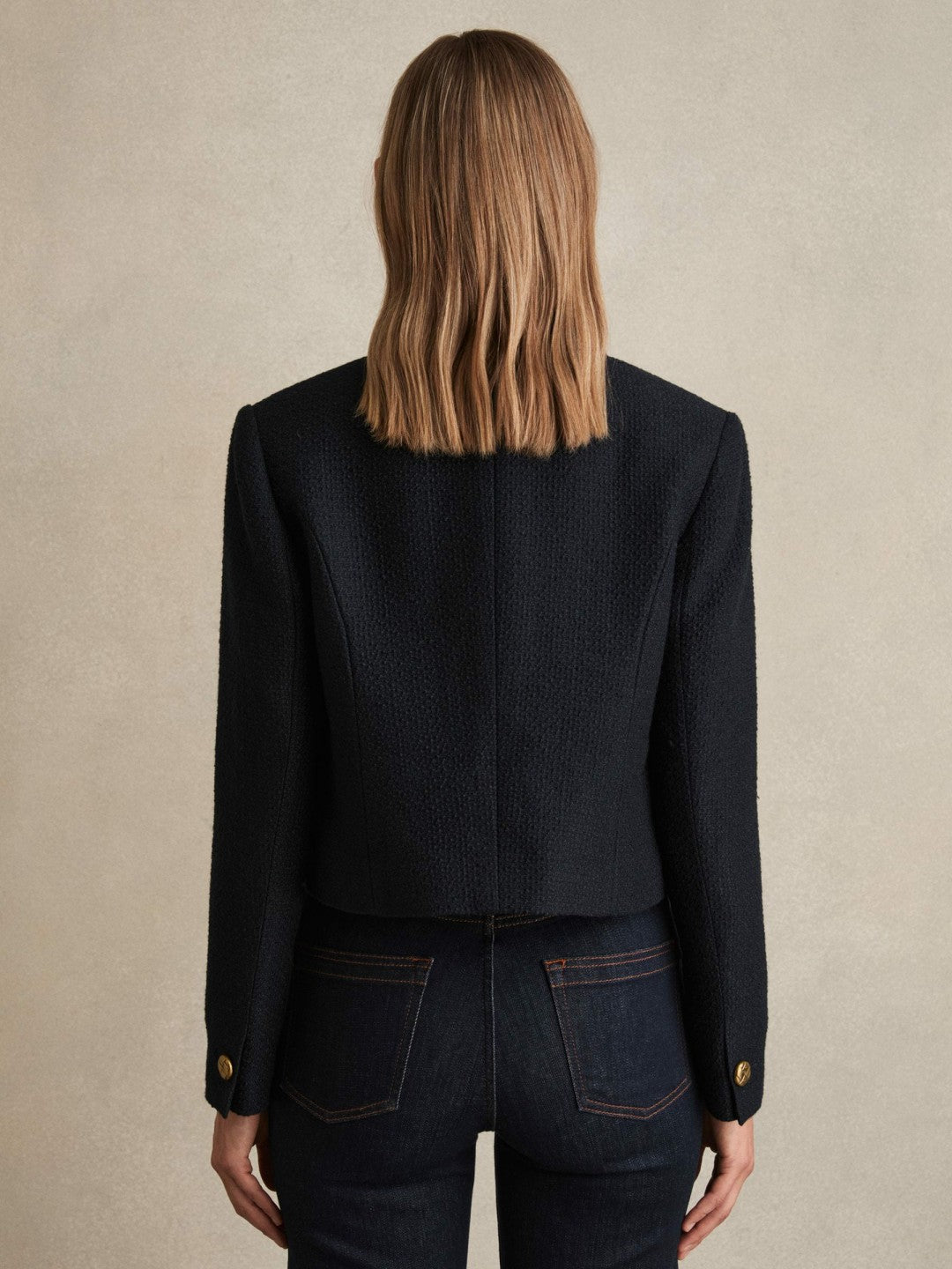 Reiss Affordable - Double-Breasted Textured Cropped Blazer with Wool and Cotton in Navy