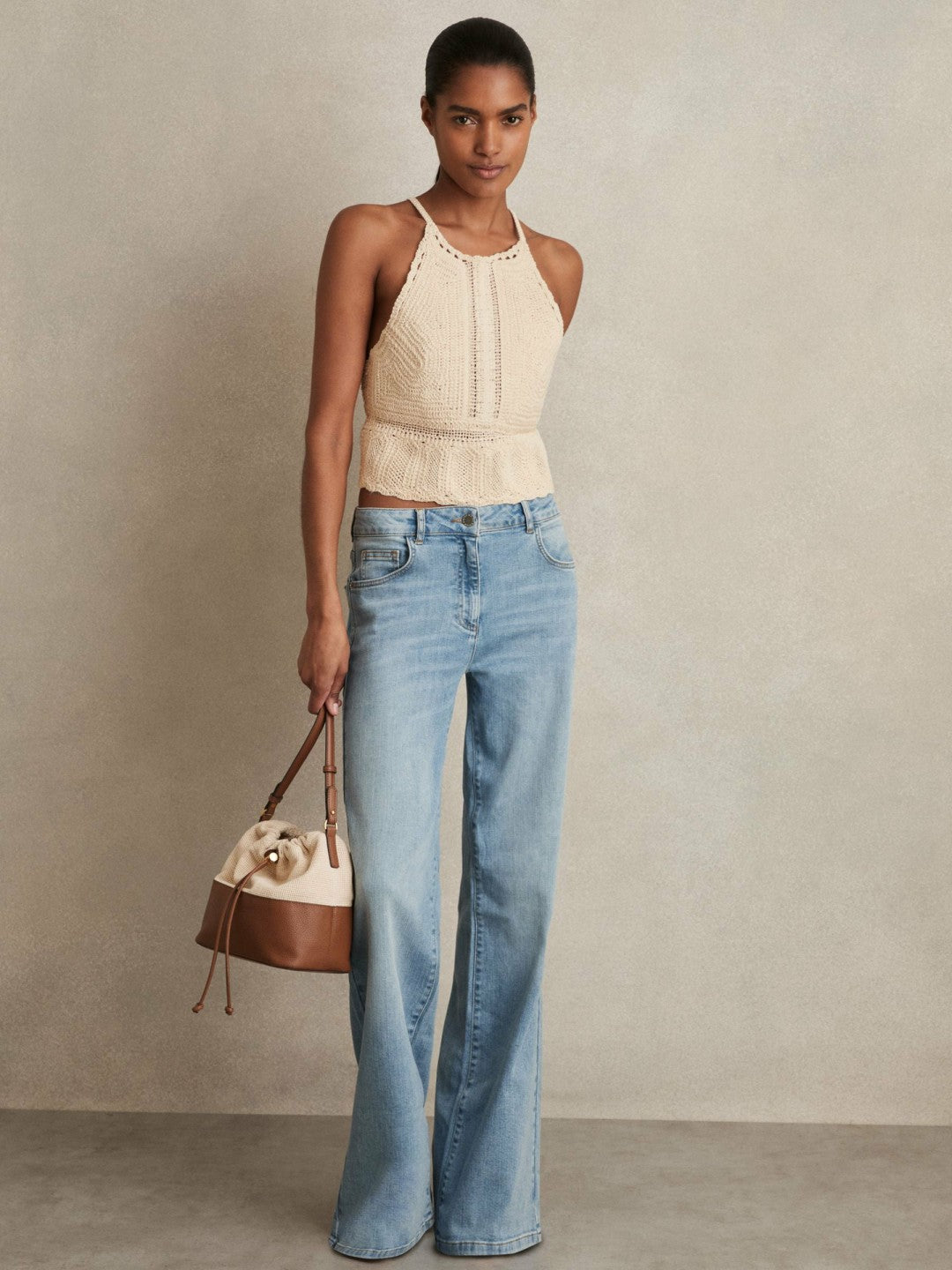 Reiss Featured - Cotton Crochet Tie-Back Cropped Top in Cream