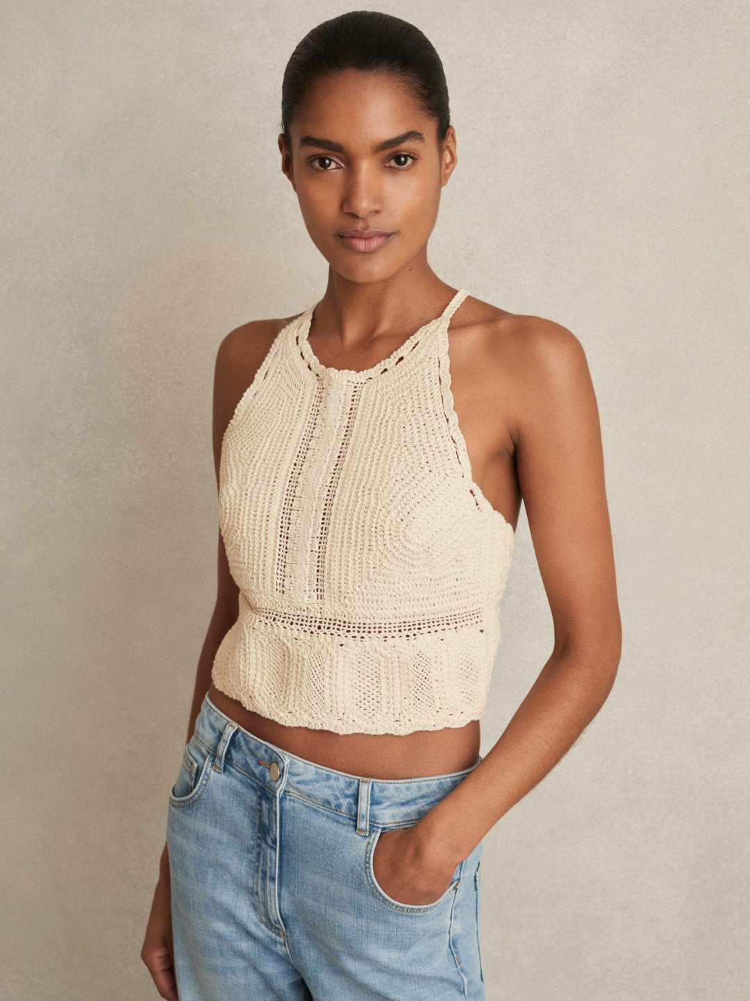 Reiss Featured - Cotton Crochet Tie-Back Cropped Top in Cream