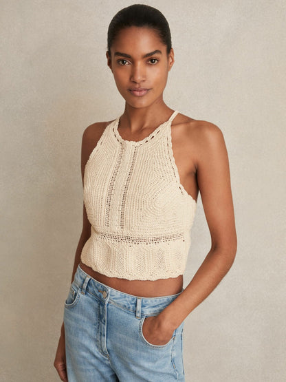 Reiss Featured - Cotton Crochet Tie-Back Cropped Top in Cream