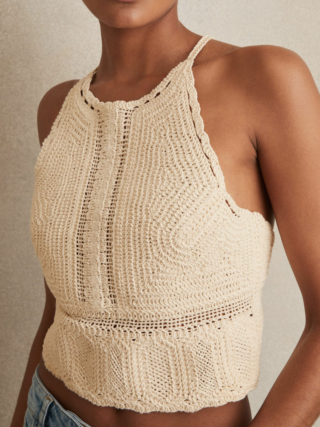 Reiss Featured - Cotton Crochet Tie-Back Cropped Top in Cream