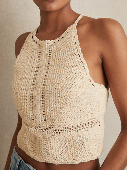 Reiss Featured - Cotton Crochet Tie-Back Cropped Top in Cream