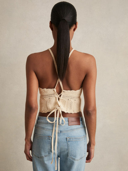Reiss Featured - Cotton Crochet Tie-Back Cropped Top in Cream