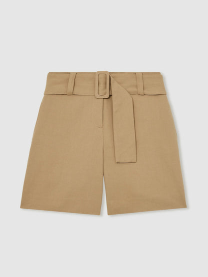 Reiss Cotton-Blend Belted Shorts With Linen in Camel