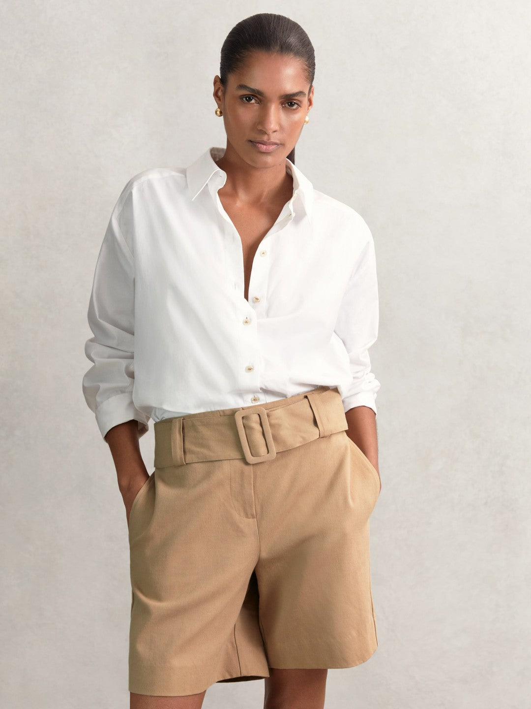 Reiss Cotton-Blend Belted Shorts With Linen in Camel