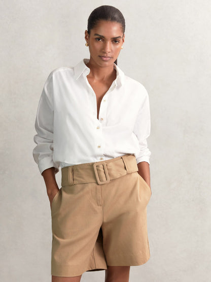 Reiss Cotton-Blend Belted Shorts With Linen in Camel