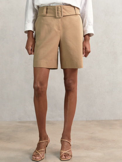 Reiss Cotton-Blend Belted Shorts With Linen in Camel