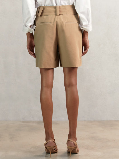 Reiss Cotton-Blend Belted Shorts With Linen in Camel