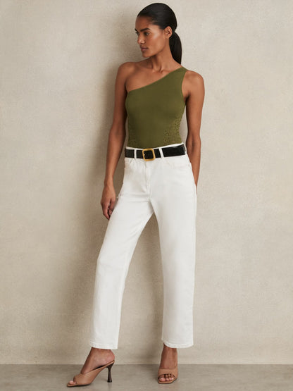 Reiss Deal - Lace-Knit Detail One-Shoulder Bodysuit in Green