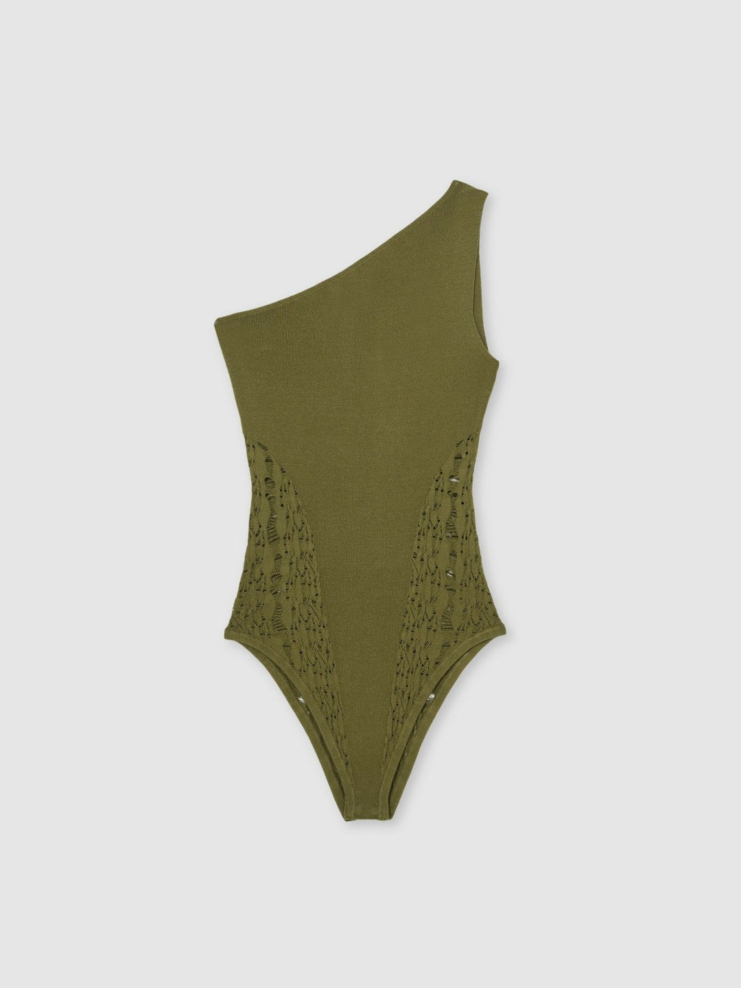 Reiss Deal - Lace-Knit Detail One-Shoulder Bodysuit in Green