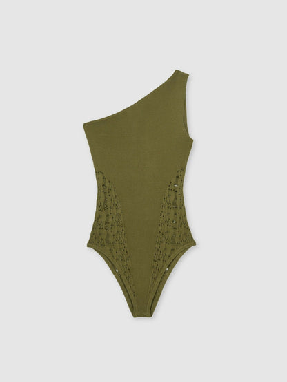Reiss Deal - Lace-Knit Detail One-Shoulder Bodysuit in Green