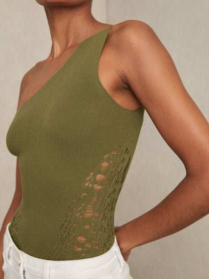 Reiss Deal - Lace-Knit Detail One-Shoulder Bodysuit in Green