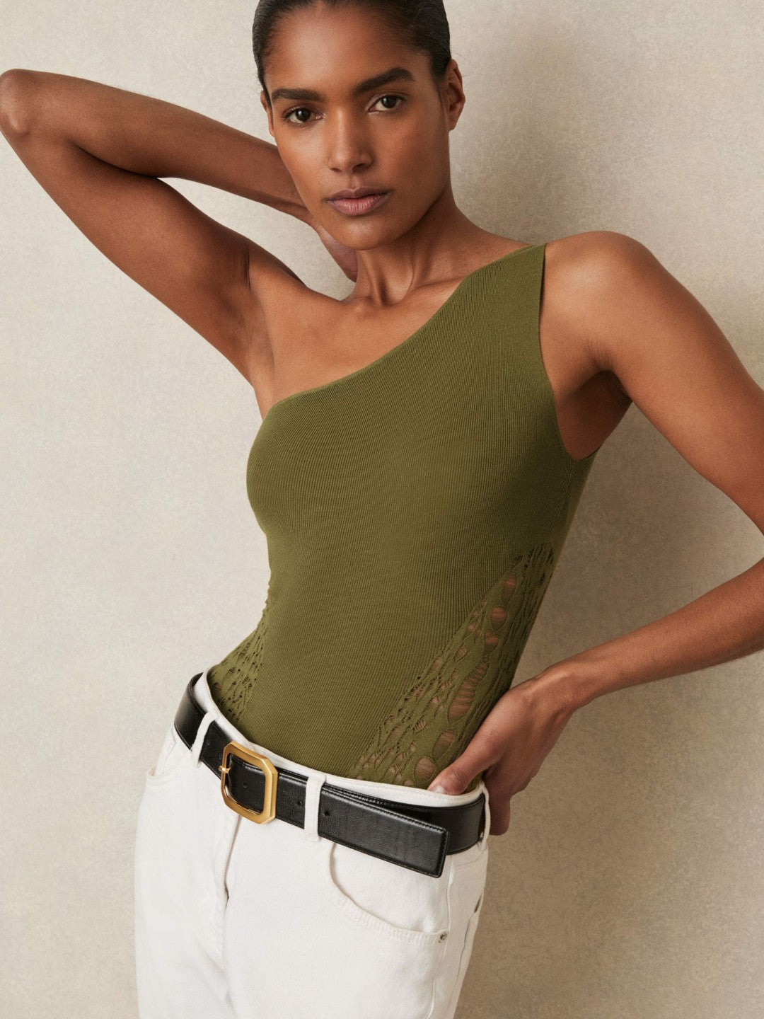 Reiss Deal - Lace-Knit Detail One-Shoulder Bodysuit in Green