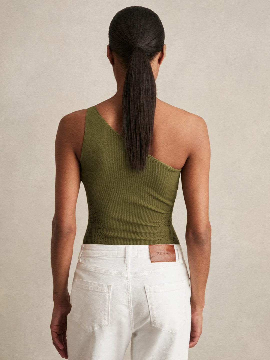 Reiss Deal - Lace-Knit Detail One-Shoulder Bodysuit in Green