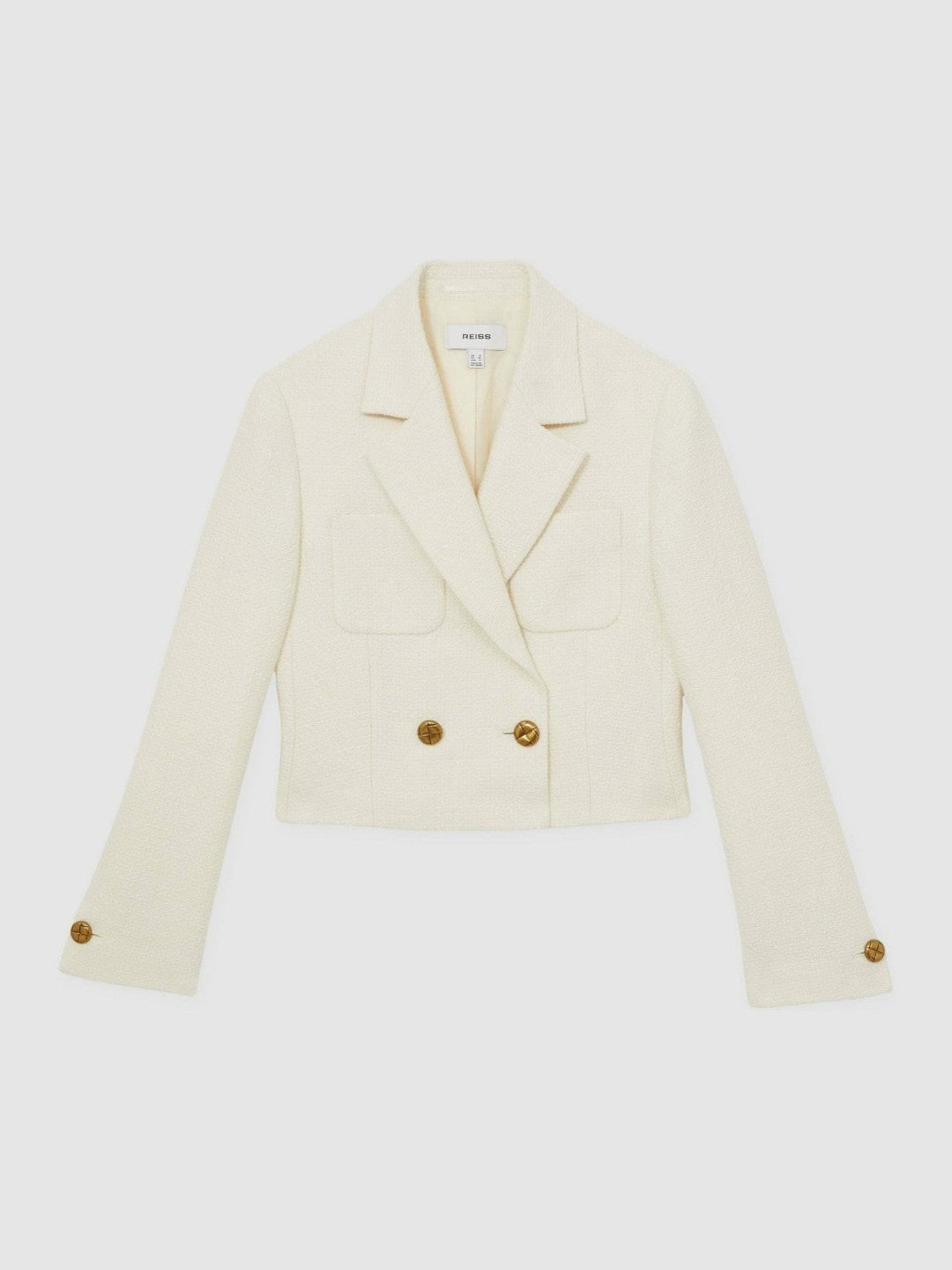 Reiss Double-Breasted Textured Cropped Blazer with Wool and Cotton in White