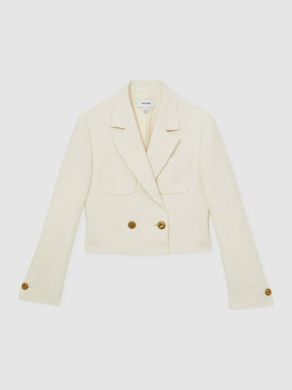 Reiss Double-Breasted Textured Cropped Blazer with Wool and Cotton in White