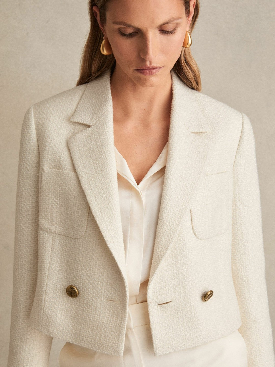Reiss Double-Breasted Textured Cropped Blazer with Wool and Cotton in White