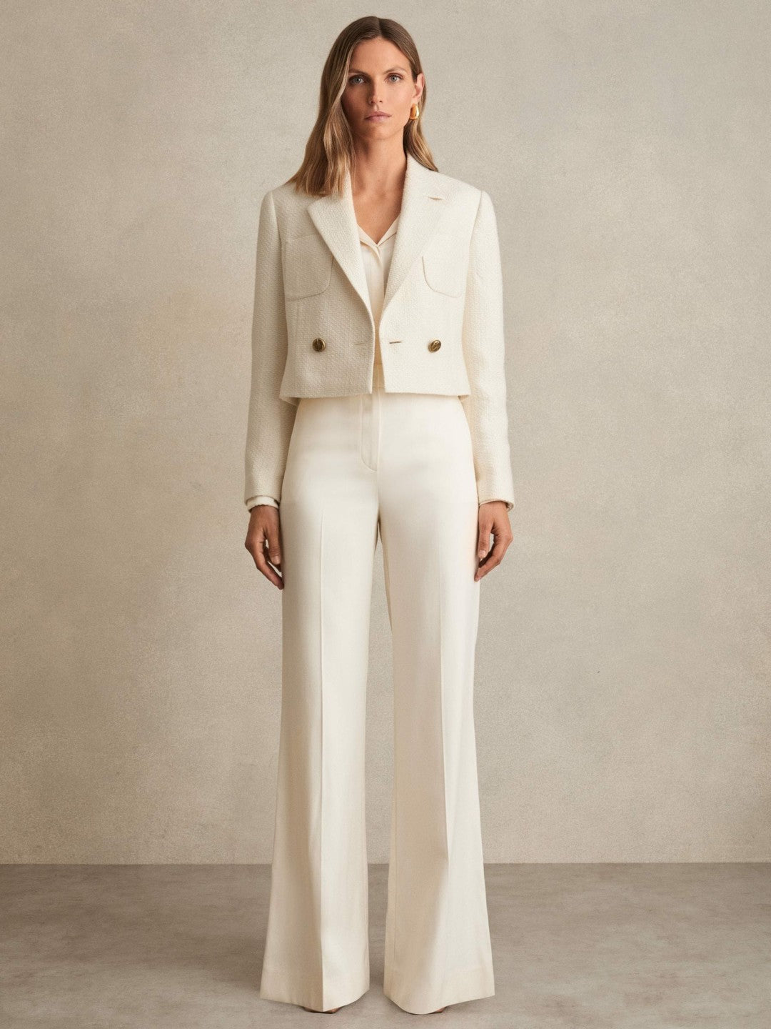 Reiss Double-Breasted Textured Cropped Blazer with Wool and Cotton in White