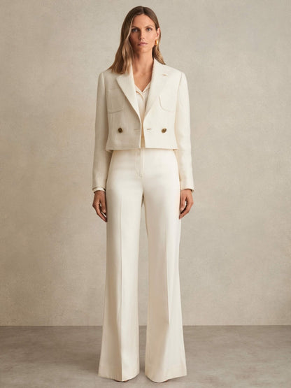 Reiss Double-Breasted Textured Cropped Blazer with Wool and Cotton in White