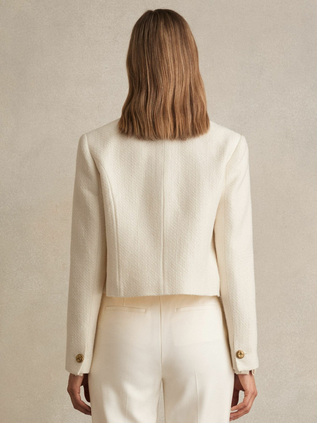 Reiss Double-Breasted Textured Cropped Blazer with Wool and Cotton in White
