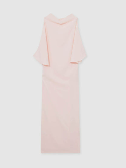 Reiss Draped-Front High-Neck Midi Dress in Pale Pink