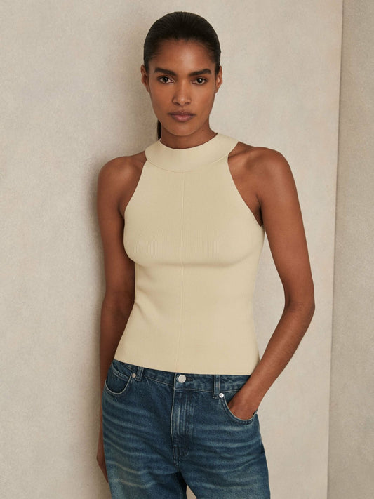 Reiss Featured - Rib Knit High Neck Vest in Ivory