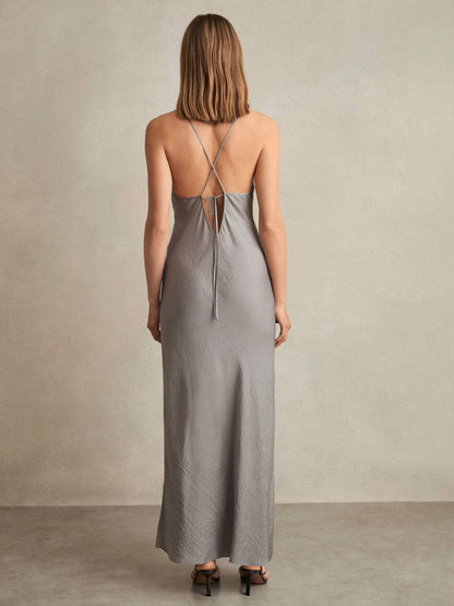 Reiss Crushed Satin Tie Back Slip Dress in Grey