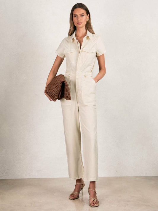 Reiss Sale - Good American Cotton Twill Jumpsuit with Stretch in Ecru