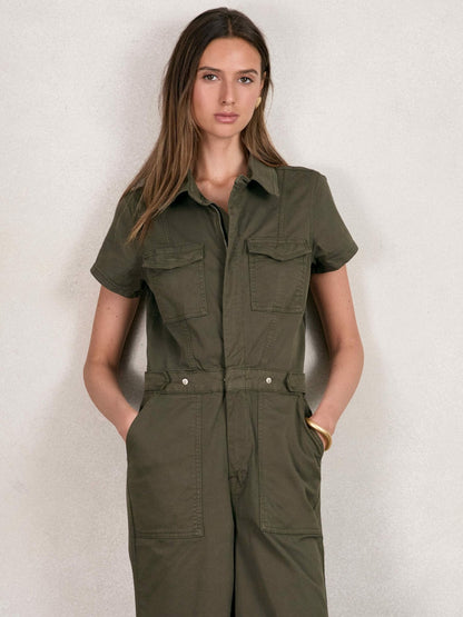 Reiss Savings - Good American Cotton Twill Jumpsuit with Stretch in Khaki