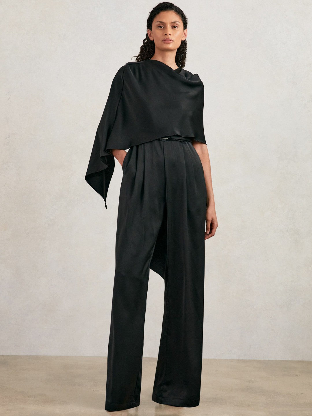 Reiss Best Seller - Halston Crepe Wide Leg Cape Jumpsuit in Black