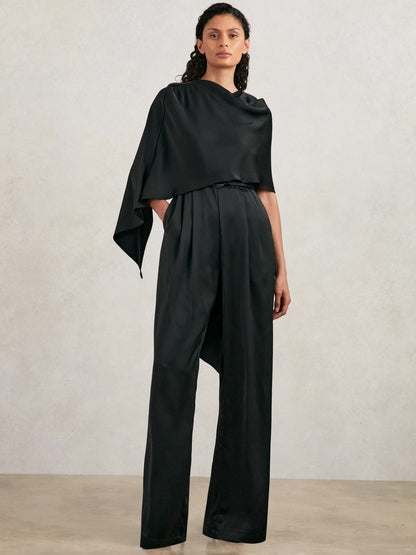 Reiss Best Seller - Halston Crepe Wide Leg Cape Jumpsuit in Black