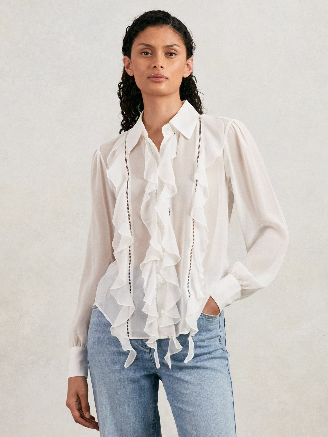 Reiss Sale - Paige Silk Georgette Ruffle Trim Shirt in White
