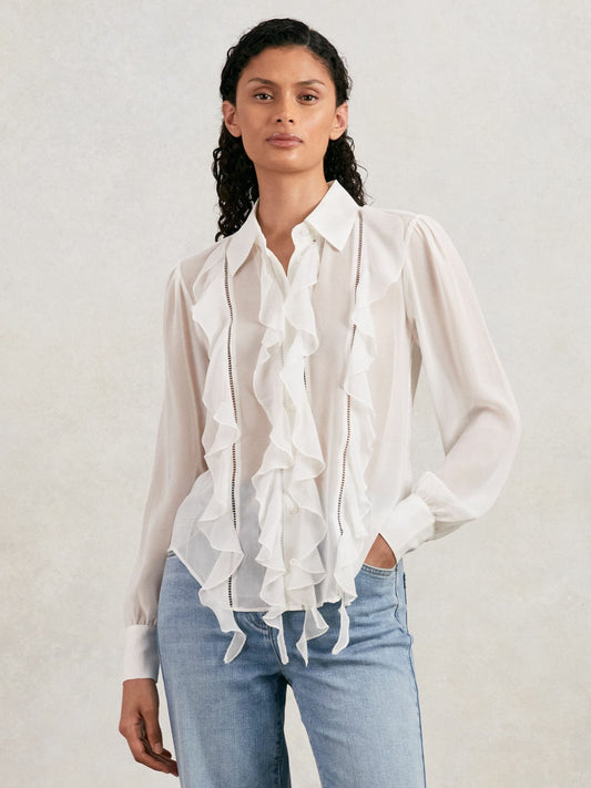 Reiss Sale - Paige Silk Georgette Ruffle Trim Shirt in White