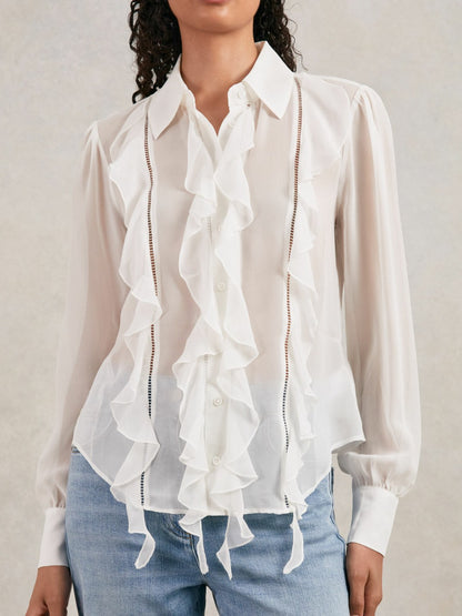 Reiss Sale - Paige Silk Georgette Ruffle Trim Shirt in White