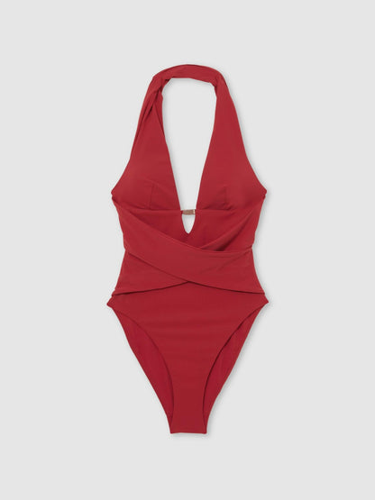 Reiss Offer - Plunge Halterneck Swimsuit in Dark Red