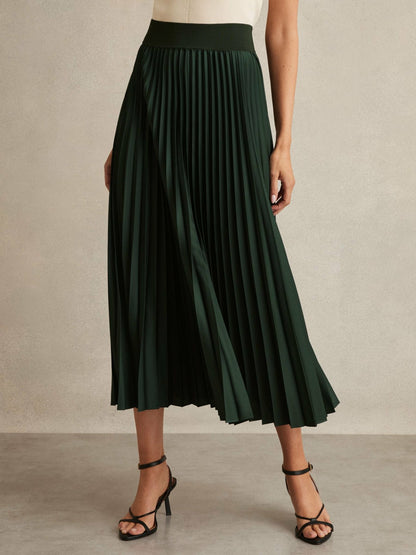 Reiss Offer - Pleated Midi Skirt in Dark Green