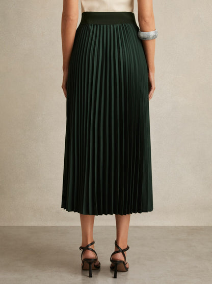 Reiss Offer - Pleated Midi Skirt in Dark Green