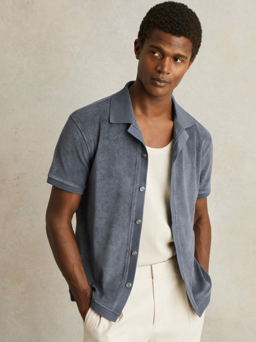 Reiss Cotton Blend Towelling Shirt in Airforce Blue