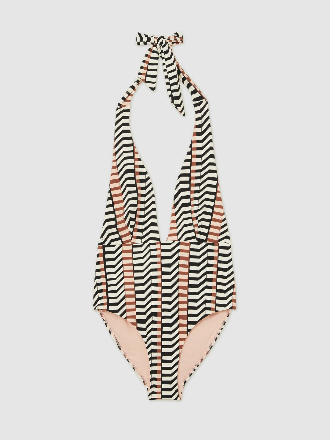 Reiss Sale - Chevron Stripe Plunge Swimsuit in Black/Brown