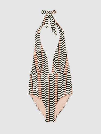 Reiss Sale - Chevron Stripe Plunge Swimsuit in Black/Brown