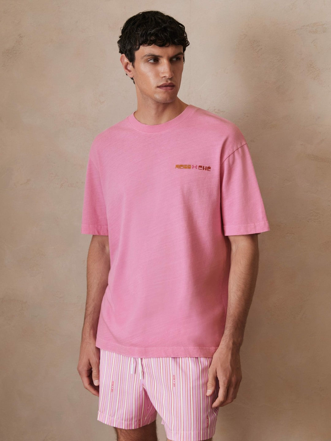 Reiss Best Seller - | Ché Cotton-Linen Sunset T-Shirt in Pink