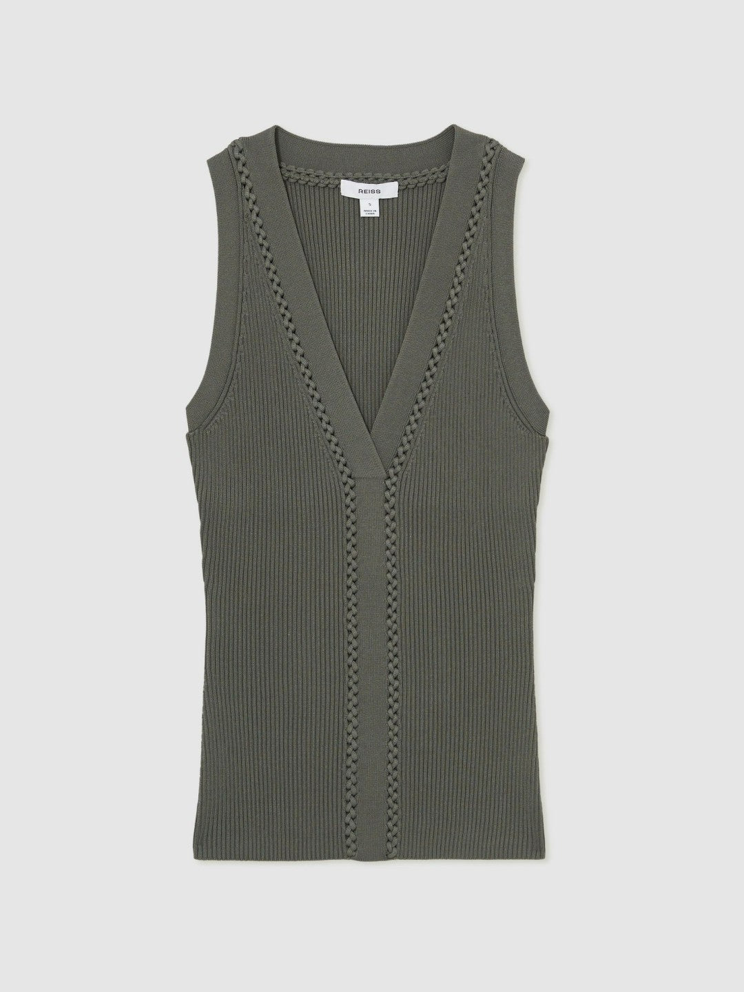Reiss Affordable - Craft-Stitch Rib-Knit Vest in Khaki Green