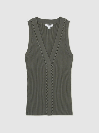 Reiss Affordable - Craft-Stitch Rib-Knit Vest in Khaki Green
