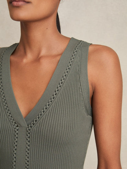 Reiss Affordable - Craft-Stitch Rib-Knit Vest in Khaki Green
