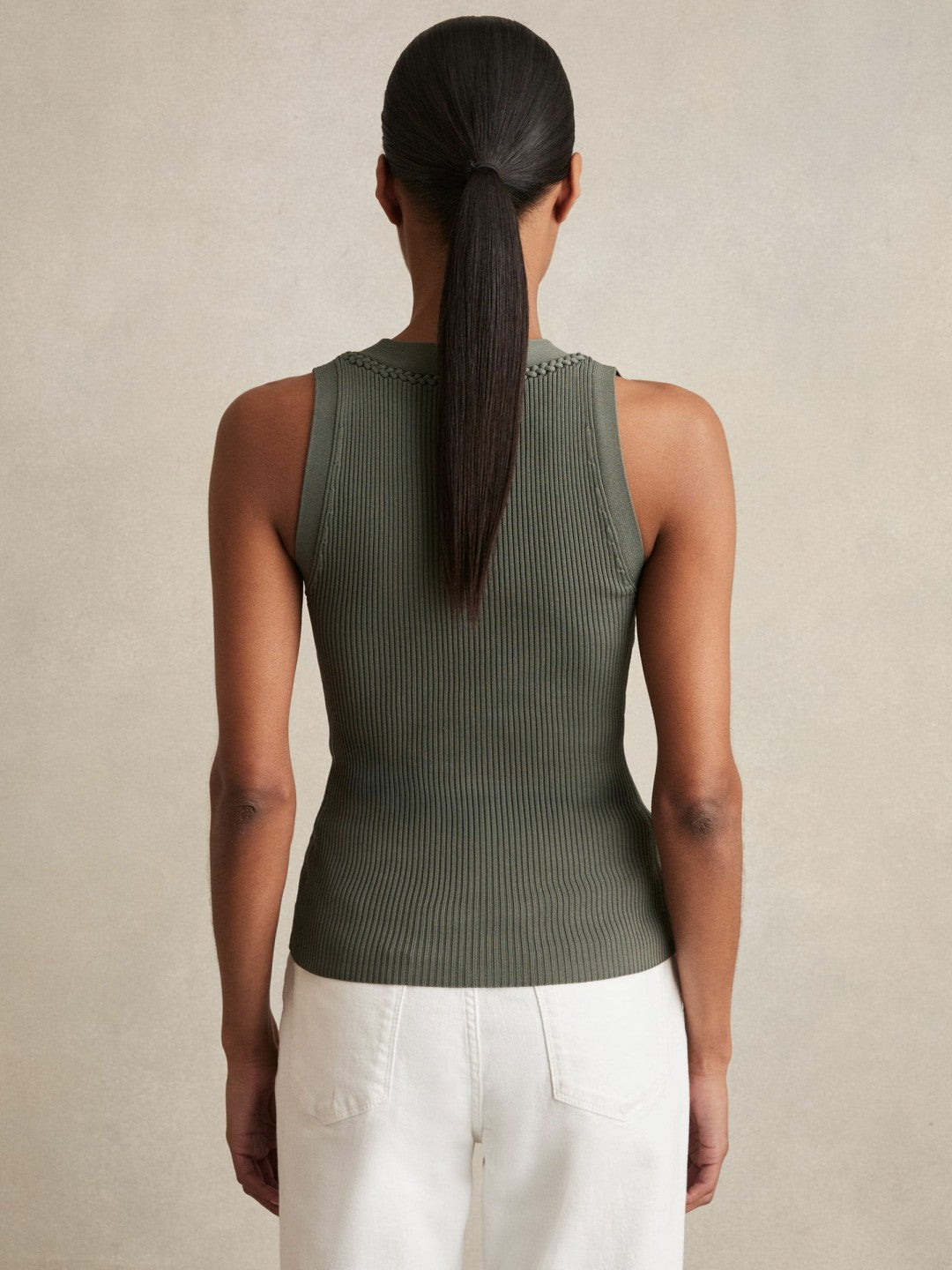 Reiss Affordable - Craft-Stitch Rib-Knit Vest in Khaki Green