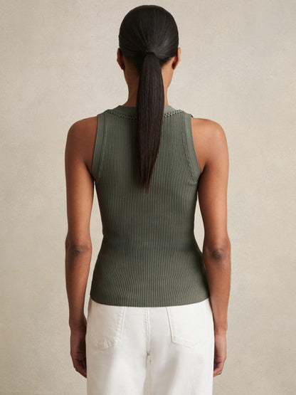 Reiss Affordable - Craft-Stitch Rib-Knit Vest in Khaki Green