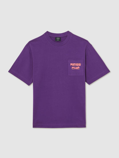 Reiss Popular Choice - | Ché Cotton Palm-Print T-Shirt in Purple