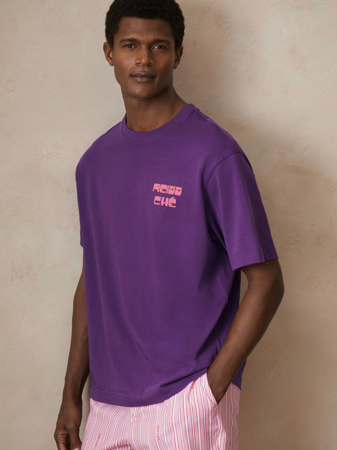 Reiss Popular Choice - | Ché Cotton Palm-Print T-Shirt in Purple